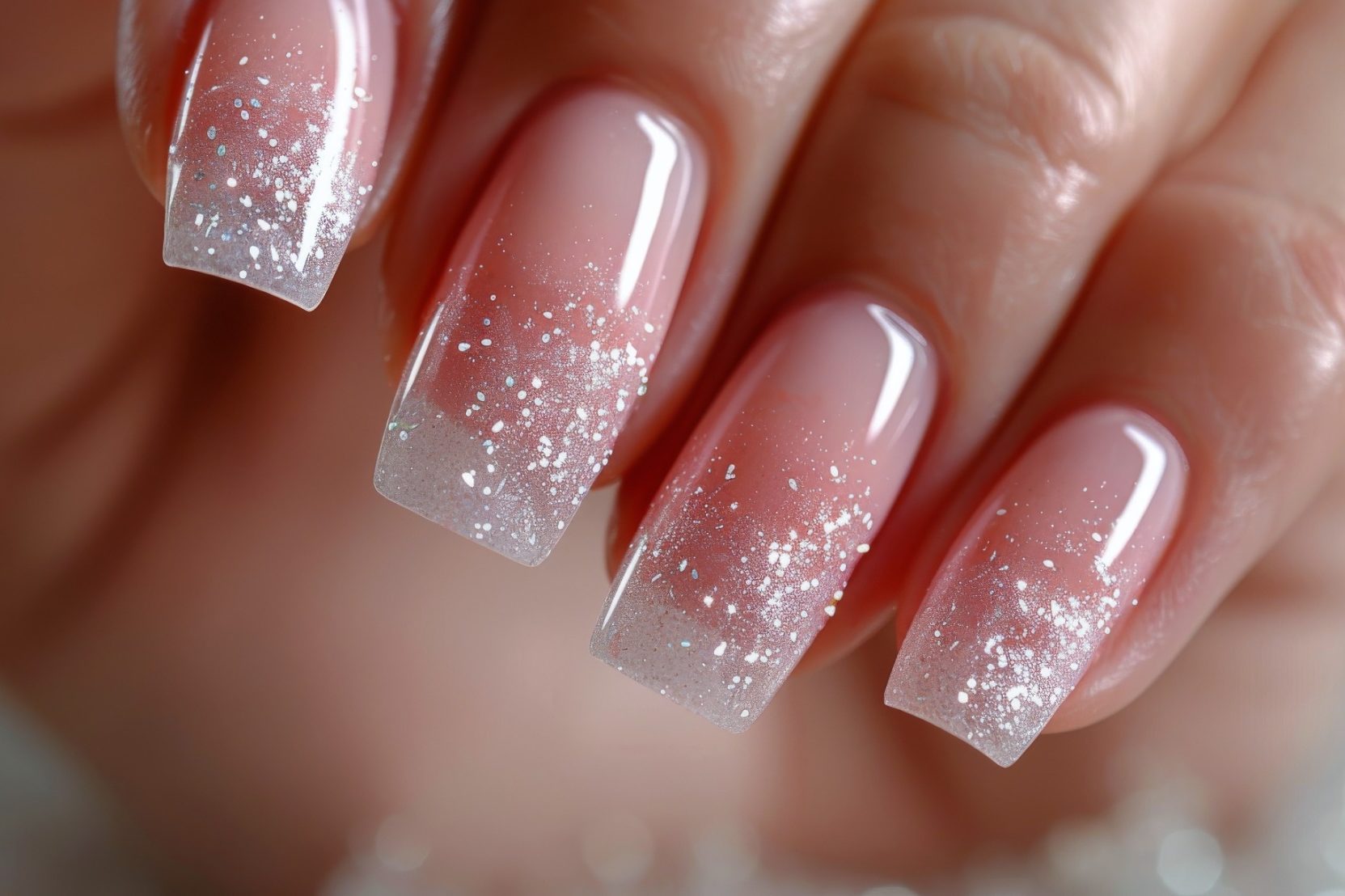 Ongles longs en dégradé rose avec paillettes blanches à la pointe.